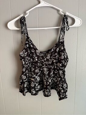 Black Floral Tie-Strap Peplum Tank